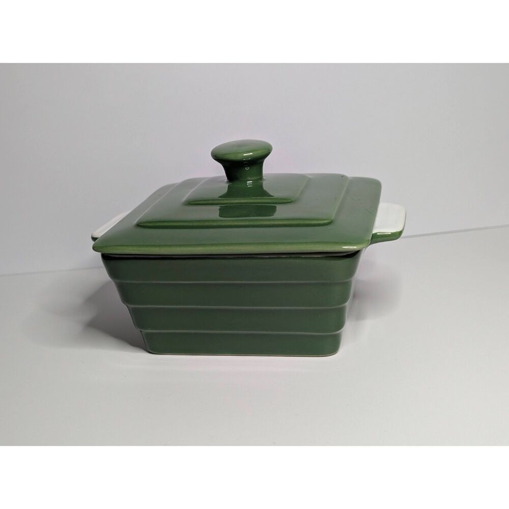 Green Ceramic Covered Mini Casserole Dish 6" Square Cocotte Baking Baker